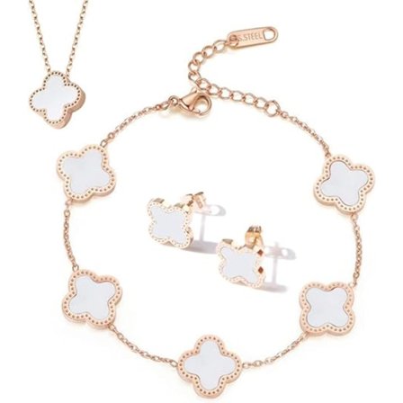 Mote firekløver smykkesett, dame titanstål halskjede ørepynt armbånd sett delikat emalje smykkesett (hvit)