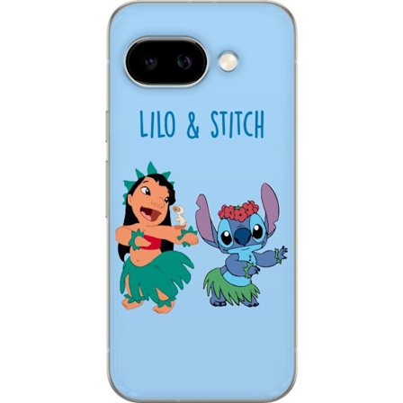 Kompatibel Mobilcover til Google Pixel 9a Farverig illustration af Lilo og Stitch, der danser hula i græsskjorter