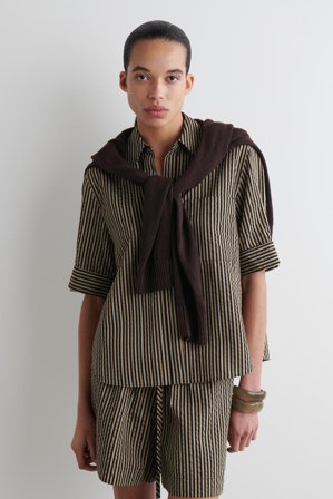 COS Women's Striped Seersucker Shirt in Brown