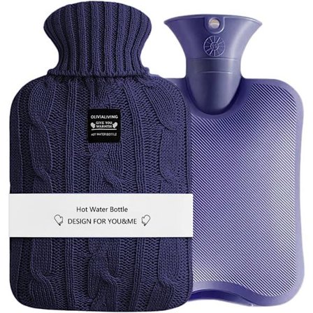 Varmedunk, 2-liters kapacitet, med strikket betræk. Varmt og koldt kompres til smertelindring og termoterapi.