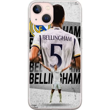 Kompatibelt Mobildeksel til Apple iPhone 13 mini Real Madrid fotballmotiv med Jude Bellingham i nummer 5 drakt, stort klubbemblem, sterk atletisk pose