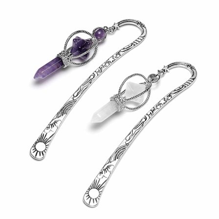 Vintage hopeiset metalliset kirjanmerkit naisille Ametisti kirkas kvartsikristallipisteet Merkaba-tähden riipuskirjanmerkki Grils-miehille