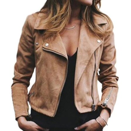 Dame Lynlås Bikerjakke Cropped Langærmet Revers Frakke Casual Slim Fit Kort Overtøj