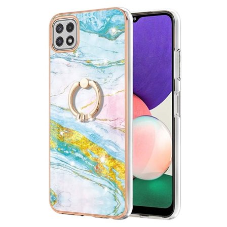Marble Mønstret Cover med Ring Holder til Samsung Galaxy A22 5G - Grøn og Gul Marmor Haze
