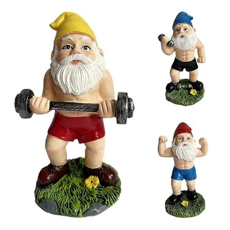 Vægtløftende dværg med håndvægte - Havefigur, dværgstatue med livlige udtryk til soveværelse og græsplæne
