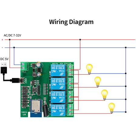 4CH Tuya WiFi -älykytkin DIY -ajastin + kaukosäädin 7-32V USB 5V 2.4G WiFi Smartlife -kotiautomaatiomoduuli IFTTT:lle Alexalle