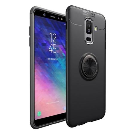 Samsung Galaxy A6 Plus (2018) Mobiilirenkaalla Ja Magneetilla Varustettu Muovinen Takasuoja Kuori - Musta Black