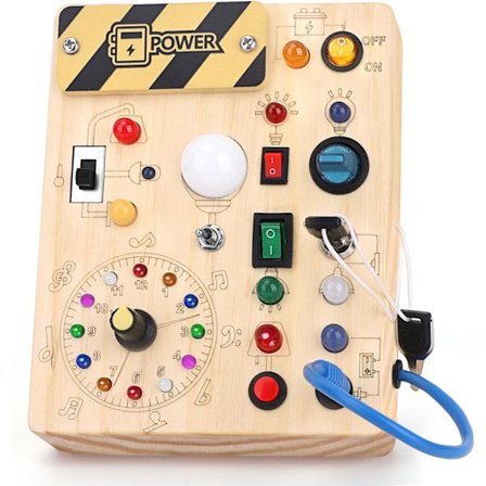 Busy Board Montessori-legetøj, aktivitetsbræt, sensorisk babylegetøj, med 10 kontakter og 23 LED-lamper, trælegetøj, rejse