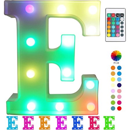 Fargerike LED-lysbokstaver med RGB-lys for bryllup, bursdag, julepynt med fjernkontroll - Bokstav E