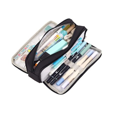 Stort penalhus i sort kanvas med dobbelt åbning og 3 rum