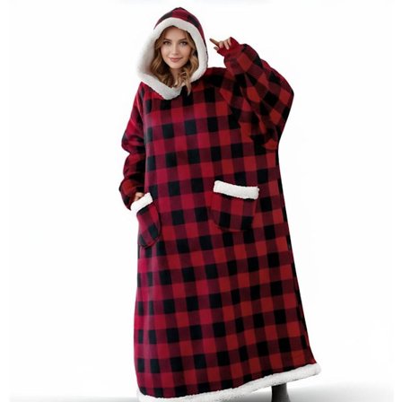 ING 1,5 m erittäin suuri flanelli- ja lampaanvillahuppuinen peitto, lämmin ja mukava, jouluhuivi, peitto, lahja aikuisille - musta ja punainen