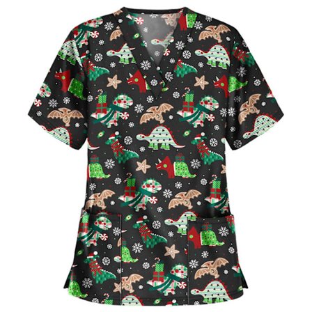 Jul sjuksköterska Uniform Kvinnor V-hals Print T-shirt Casual Kortärmad Pocket Toppar W