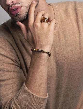 Nialaya Men's Hexagon Beaded Bracelet With Tiger Eye And Gold - Brown - L