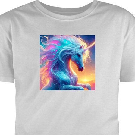 T-Shirt Farverig enhjørning i vand med regnbuefarver, glødende lys, magisk fantasyatmosfære og drømmelignende illustration med stærk visuel effek