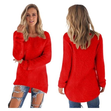 Dam Plus Size Långärmad Tröja Fluffiga Toppar Rundhalsad Lounge Skjortor Pullover Tunika Enfärgade Toppar O-Hals Blus Tröjor