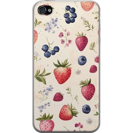 Kompatibel Mobilcover til Apple iPhone 4 Sommerlig bær mønster med jordbær, blåbær og blomster i akvarel stil - trendy og lys design i bløde farver.