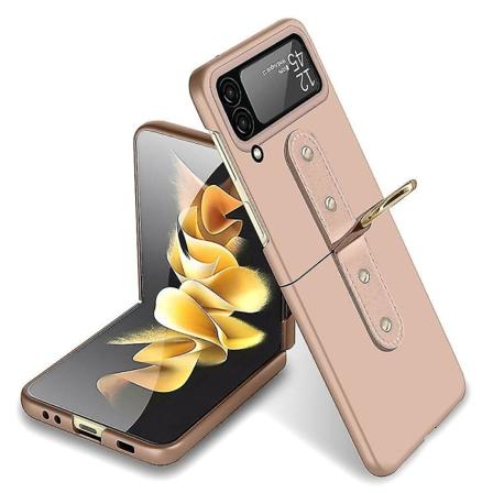 Läderfodral med gångjärnsskydd för Samsung Galaxy Z Flip 4 med ringstativ Gold
