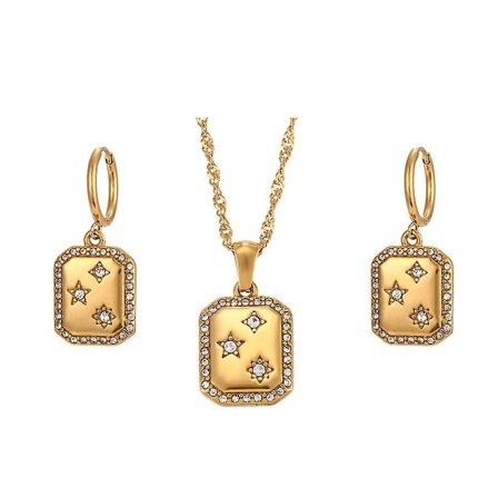New Stainless Steel Pvd Plating Square Card 3a Crystal Zircon Star Geometric Charm Hoop Earring Pendant Necklace Jewelry Set