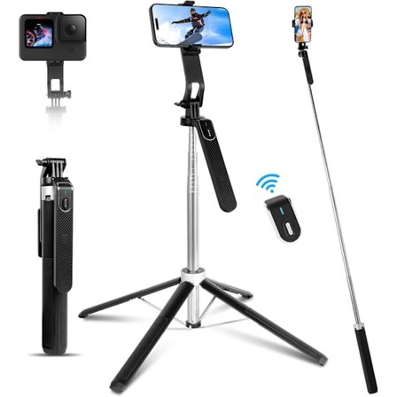 Romon 180cm Selfiestang, Selfiestang Quad Stativ, 360° Roterbart Forlengelsesstativ Kompatibelt med iPhone Android-telefon, Kamera