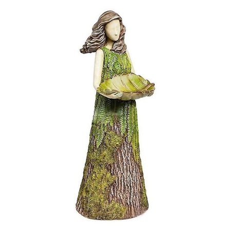 Fern Fairy Staty med Fågelmatare Resin Figurine Goddess Evergreen Utomhus Trädgårdsdekor