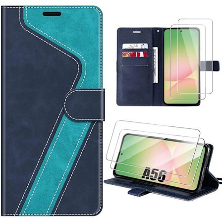 Cover til Samsung Galaxy A56 5G, Syntetisk Læder Stødabsorberende Ridsefast Blå - 2 Tempered Glass