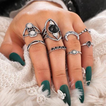 8 Pack Med Midi Ringar För Hela Handen - Tibetsilver Silver