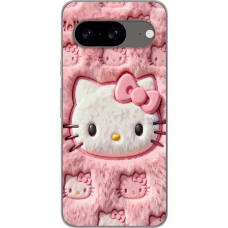 Kompatibelt Mobildeksel til Google Pixel 8 Hello Kitty rosa fluffy bakgrunn med ikoniskt ansikt og kawaii-estetikk