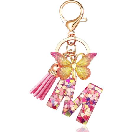 Initial bokstavsnyckelringar för kvinnor Tassel Butterfly Pink Purple Cute Car Keychain för plånbok Handväskor Ryggsäck