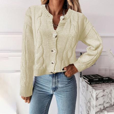 Damer Enfärgad Chunky Knit V-hals Ytterkläder Varma Cardigans