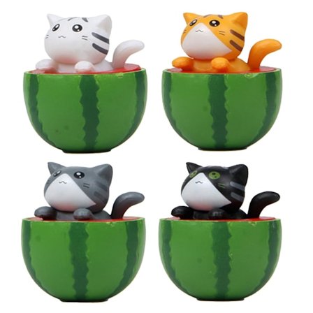 4pcs/set Vivid Appearance Diy Handicraft Cartoon Statue Cute Animal Cat Sitting On Watermelon Miniature Figurine Home Decor