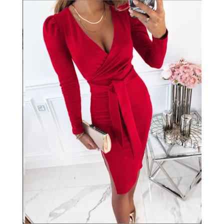 Dampuffärmsklänning med V-ringad sexig rem red XL