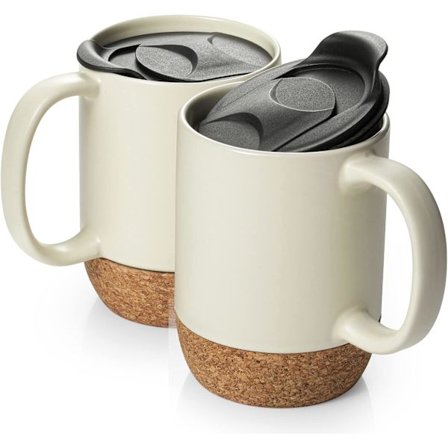Kaffekopper, 44 cl Kop-sæt med 2, Stor Keramisk Kaffekop med Korkbund og Spildsikkert Låg til Mor Far, Stor Kop til Kaffe Latte Te, Beige