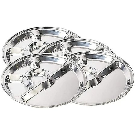 Sett med 4 rustfrie stål, fem rom rund tallerken, Thali, smussbrett, middagstallerken