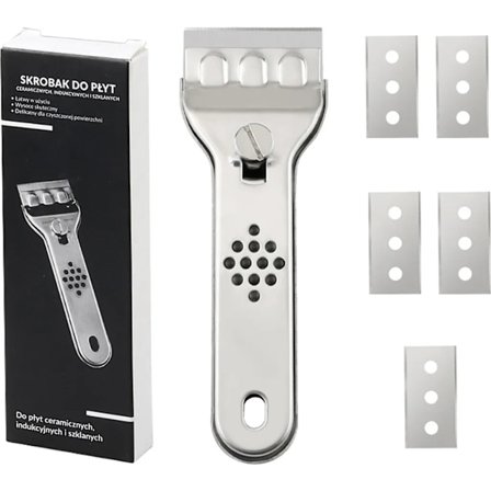 Keramikhällsskrapa med 5 utbytesblad, skrapa i rostfritt stål, keramikhällsskrapa, spis- och ugnsrengörare