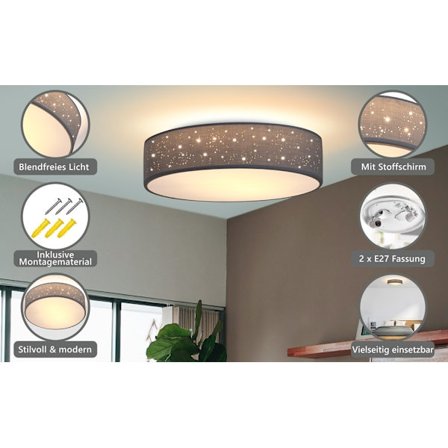 Loftlampe, gråt stof, 38 cm, 2 E27-fatninger