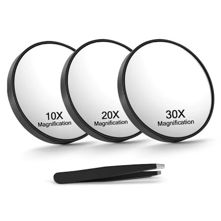 10x/20x/30x Forstørrelsesspejl med Sugekopper og Pincet, 8,9 cm, Rejseforstørrelsesspejl, Sort, 3-pak