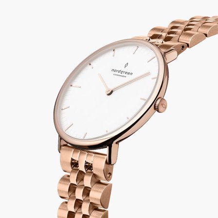 Nordgreen Women's Slim Dress Watch - Rose Gold Case - White Dial - 5 Linked Metal Watch Strap Native White Dial
