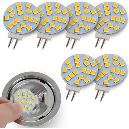 6 stk. runde varm hvide G4 LED-pærer, 2W erstatter 20W base halogen
