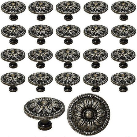 20 st Vintage Skåpdörr Lådknappar 35mm Blomdesign Mässing Köksskåpshandtag, För Byrå Och Möbelskåp, Antik Bronz[D]
