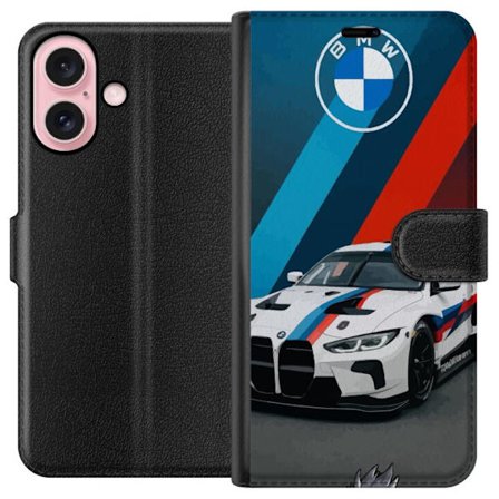 Kompatibelt Plånboksfodral till Apple Apple iPhone 16 BMW M Sport design med vit racingbil och klassiska M ränder exklusivt bilmotiv perfekt för mo