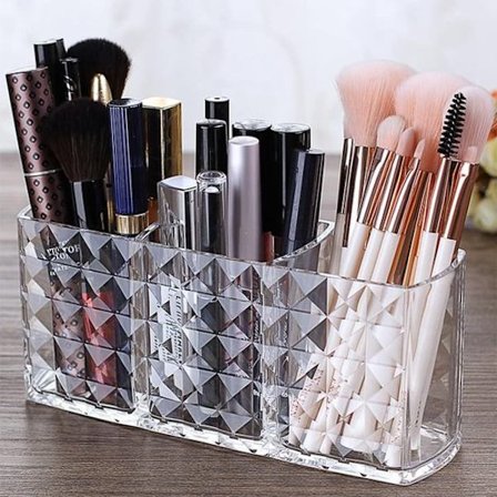 ING Makeup børsteholder, 3-rums klar akryl makeup organizer, til makeup børster, eyelinere og læbestifter. Krystal opbevaringsboks.