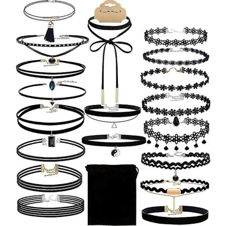 20 stk. svart choker-sett, klassisk choker-halskjede, lagdelt, svart choker-halskjede, gave til kvinner