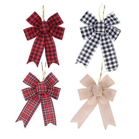{HH}4 stk. store bøffelrutete julekransbånd, julebånd i bøffelrutete stoff, store julebånd for juletretopp