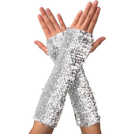 Glitrende fingerløse lange handsker til kvinder, sølv, velegnede til kostumer