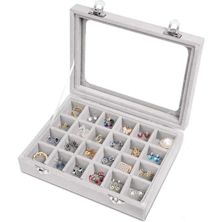 Smyckeskrin 24 rutnät sammets smyckesbricka för lådor glas genomskinligt lock Sh
