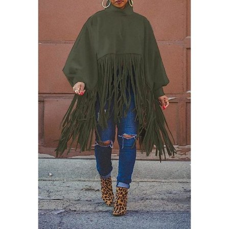 IC NRTHYE Dam Hög Hals Långärmad Frans Topp Plus Size Tofsar