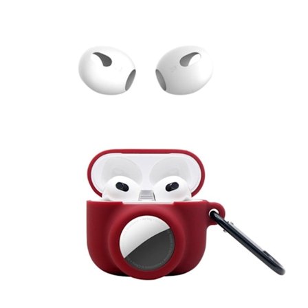 AirPods 3 / AirTags silikonikotelo, jossa on karabiini ja korvasuojat - Viininpunainen