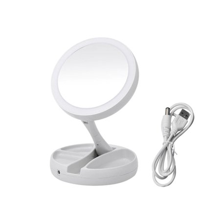 LED-belyst dobbeltsidig speil med 10x forstørrelse, sammenleggbar sminke-speil