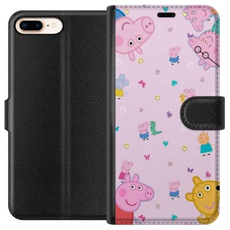 Kompatibelt Lommeboketui til Apple iPhone 8 Plus Peppa Gris med en baby i armene, mamma gris motiv i fargerik og myk barneillustrasjon med hjerter