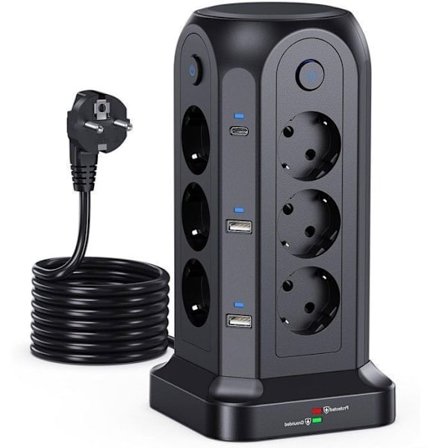 4000W Tårn Strømskinne, BYONDSELF, Strømuttak med 4 Individuelle Brytere, 12 Uttak, 4 USB-porter, 2 Type-C-porter, 2m Kabel